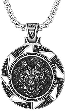 JewelryWe Schmuck Wikinger Halskette Herren Retro Wolf Wolfskopf Zahnrad Medaillon Anhänger mit 22 Zoll Kette Weizenkette Silber
