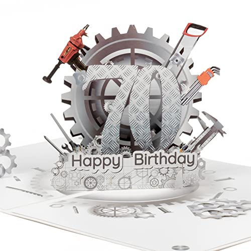 LIMAH® Pop Up 3D Geburtstagskarte zum 70. Geburtstag/Jubiläum für Mann, Opa, Papa - passend zum Gutschein, Geschenk oder Geldgeschenk - Motiv Happy Birthday 70 mit Zahnrädern und Werkzeug