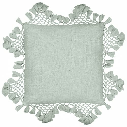 Yard Anko Feather Filled Cushion (Eucalyptus, 45 x 45 cm) | Textured Cotton with Macramé Tassel Trim