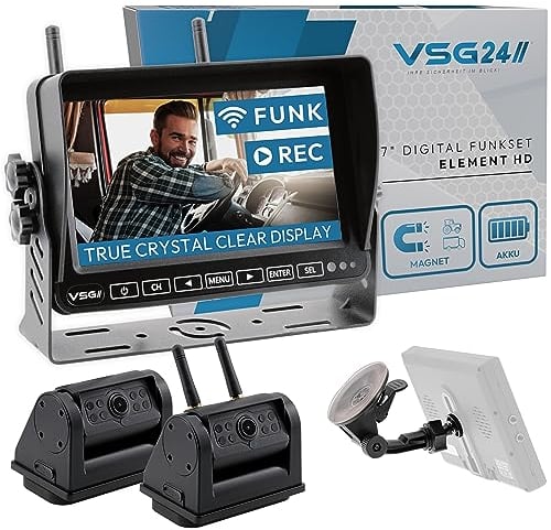 VSG24 7“ Element HD 2 Kameras Funk Rückfahrsystem Akku Magnet für Wohnmobil & LKW, KFZ Set kabellos inkl. Rückfahrkamera + Monitor, DIY Nachrüstung 12V-24V, Kamera digital, Auto Rückspiegel