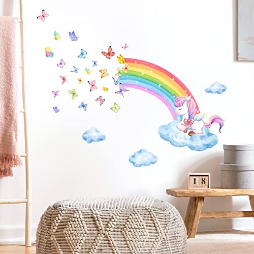HGDESIGN® Wandtattoo Wandaufkleber Wandsticker Große Regenbogen Einhorn Schmetterling Wolke Kinderzimmer Babyzimmer Kind Baby Mädchen Wandsticker Wandbild Wanddeko Selbstklebend (Variante B)
