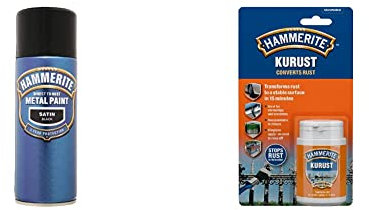 Hammerite 5084778 Metal Paint: Satin Black 400ml (Aerosol) & 5092819 6100244 90ml Kurust