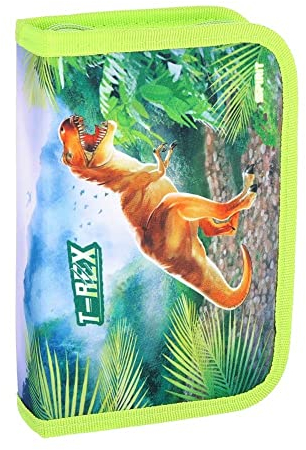 itenga Federmappe Schüleretui Federmäppchen Schulmäppchen - 1-Zipper - Gefüllt 28-teilig für Jungen und Mädchen (T-REX)