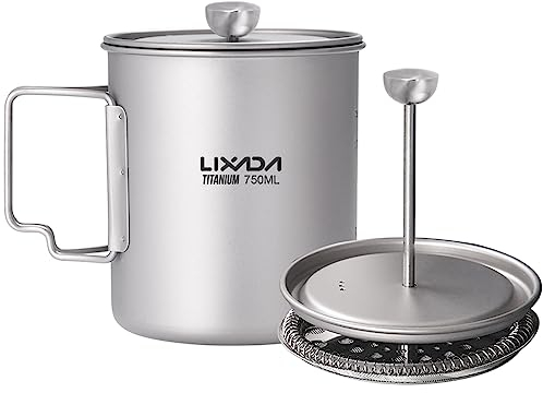 HUIOP 750 ML Tasse à Café en Titane avec Presse Française et Couvercle - Pot de Camping pour Cuisine en Plein Air, Cafetière