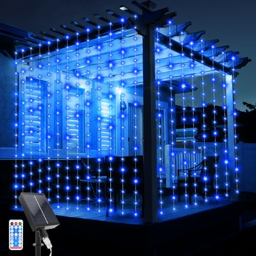 JIMACRO Solar Vorhang Lichterkette, 3Mx3M Solar Lichtervorhang 10 Pcs String Lichter 8 Modi 300 LED Wasserdichte Lichterkette Fernbedienung für Außen Garten Pavillon Balkon Hochzeit Party Deko