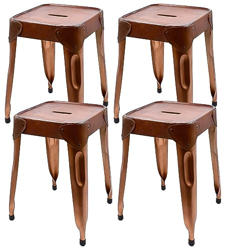 Stephans Möbelbörse 4er Set Metall Hocker mit Ledersitzfläche, niedriger Barhocker, Sitzhöhe 46cm Tresenhocker, Eisen Bistrohocker im Industrie Design, Kupfer