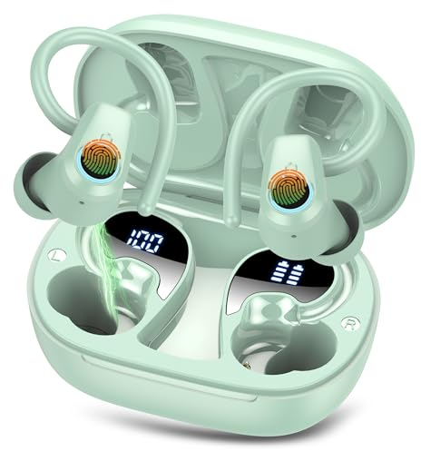 Wireless Earbuds, Wireless Earphones Bluetooth 5.3 Headphones Wireless, 2024 In Ear Buds Wireless Earbuds with Earhooks, 50H Stereo Wireless Headphones Sport, IP7 Waterproof, Dual LED Display, Green