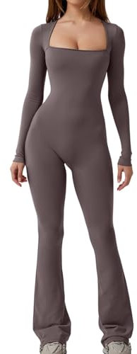 Geagodelia Damen Sexy Bodycon Jumpsuit Einteiler Elegant Langarm Overall Romper Yoga Workout Sport Outfit Clubwear Streetwear Skims Bodysuit (E - Grau, S)