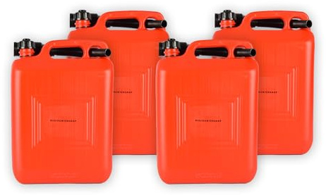 Bidon 10 Litres Rouge - Lot de 4 - Bidon de Carburant Homologué par l'ONU pour Essence et Diesel - Comprend un Long Bec Verseur et un Tuyau de Remplissage - Pour Voiture, Bateau, Atelier et Camping
