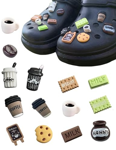 tikono coffee charms for shoes woman man girl boy, 14pcs 3D multipacks food charms Shoes decoration accessories Pins For Clog