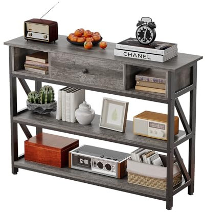 Console Table with Drawer Shelves, Entryway Table with Storage Shelves, Industrial Wood Hallway Sofa Table for Living Room, Couch, Foyer, Kitchen Counter，Grey