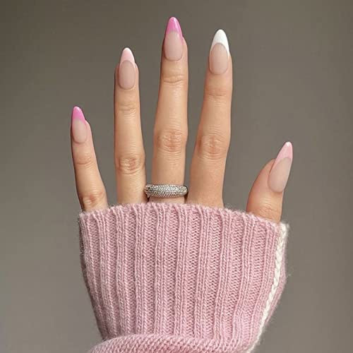 JUSTOTRY 24 Pcs Iridescent Almond Short False Nails Pattern,Pastel French Stiletto Press on Nails,Glossy Fake Nails Medium for Nail Art,Oval Stick on Nail for Women and Teens Gifts
