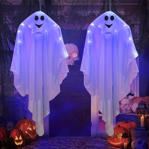 Halloween Deko Geister, 2 Stück Halloween Hängende Geister mit Lila LED Licht, Leuchtende Geister Halloween, Gespenster Halloween Deko für Außen, Innen, Garten, Terrasse, Haus und Baumtür Deko