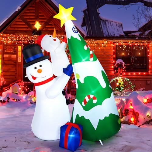 CAMULAND Noël Gonflable, Bonhomme de Neige Gonflable, 2.15M/7FT Double Bonhomme de Neige Gonflable et Arbre avec LED pour Noël, Décoration Gonflable extérieur et intérieur
