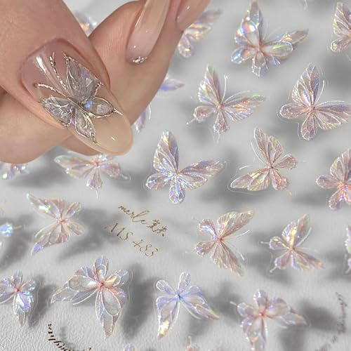 Bkemkri Glitter Aurora Shell Schmetterlings-Nagelsticker, selbstklebend, geprägte Schmetterlings-Nagelsticker, Rosa, Damen-Nageldesign-Zubehör, Nagel-Accessoires, Nailart