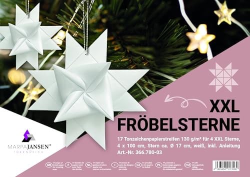 MarpaJansen XXL Fröbelsterne, Fröbelsternstreifen, 4x100cm, 17cm Durchmesser, 17 Streifen, weiß