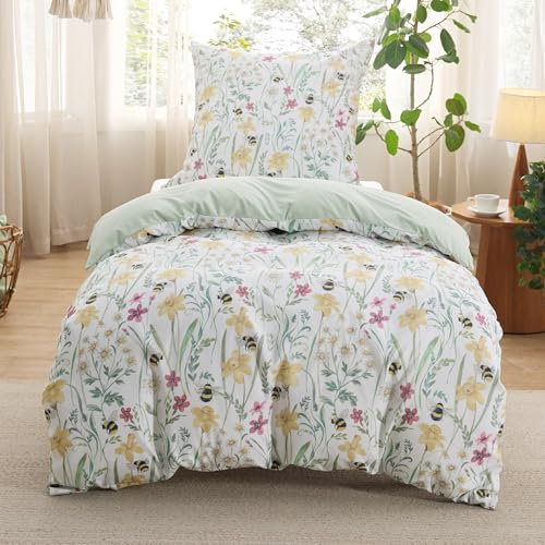 BEDSURE Bettwäsche 135x200 2teilig Bettbezug - Bettwäsche-Sets 135 x 200 cm mit Kissenbezug 80x80 cm, ÖKO-TEX Wendebettwäsche Bedding Grün Blumen Pflanze Muster für Einzelbett mit Reißverschluss