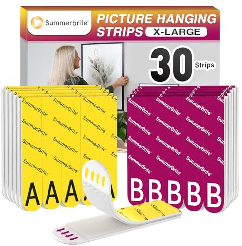 Summerbrite Tiras Adhesivas para Colgar Cuadros Sin Agujeros, 15 Pares (30 Tiras, Tamaño XL), Cuelga Cuadros Sin Clavos, Soporta 6,8 Kg, Sin Residuos, Ideal para Marcos, Decoraciones de Pared