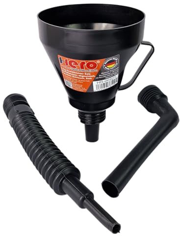 HERO PROFIWERKZEUG Öltrichter 3-tlg Satz abgewinkelt mit Sieb & flexiblem Rohr Ø 120mm Kunststofftrichter Kraftstofftrichter Öl-Einfülltrichter Öl Diesel Kraftstoff Säure- und Ölbeständig