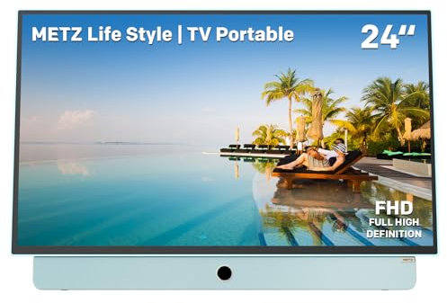 Metz TV Portatile, MPE7000Y 24'' Smart Google TV con Batteria Incorporata, Ricarica Auto 12V, FHD, Anti-glare Schermo, HDR10, Dolby Audio, HDMI, USB, Bluetooth, Wifi 5, Uscita Antenna, 2024 Model