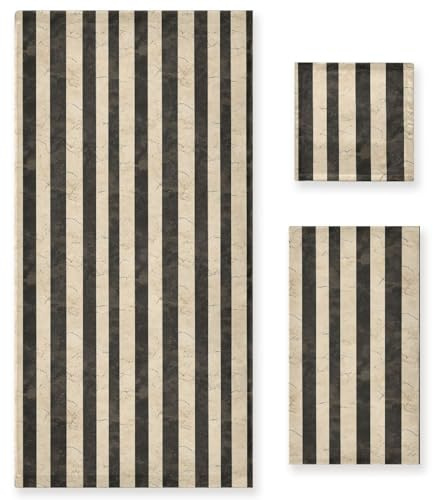 ALAZA Handtuch-Set, Retro-Stil, Beige und Schwarz, gestreift, 3-teiliges Handtuch-Set, 1 Badetuch, 1 Handtuch, 1 Waschlappen, weiches, saugfähiges Handtuch für Zuhause, Küche, Fitnessstudio, Strand