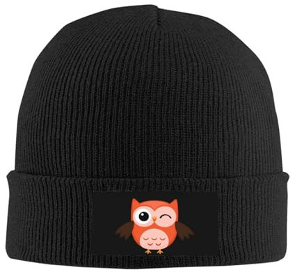 zerosevenee Unisex Beanie für Damen und Herren mit Bündchen, einfarbig, Strickmütze, Winter, weich, warm, Beanies, Mützen, Niedliche rote Eule, Einheitsgröße
