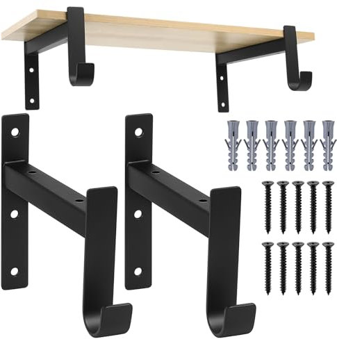 2 Stk Regalwinkel Regalhalterung Schwarz, Winkel Metall Regalhalterungen, Schwerlast Regalträger mit Haken, 90 Grad Regal Halterung Wandmontage für Wandhalterung Regal (152mm/6 Zoll/Schwarz)