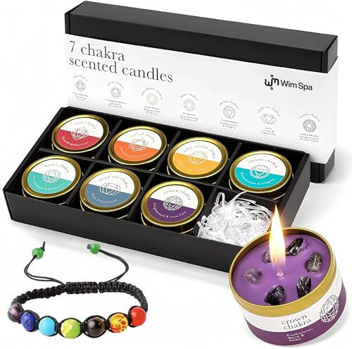 7 Chakra Duftkerzen Geschenkset mit Kristallen, Sojawachs & 10% ätherischen Ölen – Inklusive Amethyst Druse Rohkristall – Perfekt für Meditation, Yoga & Achtsamkeit - Wim Spa [Das Original]