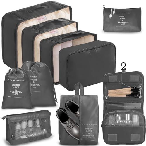 Koffer Organizer, Packing Cubes, Koffer Organizer Set 10-Teilige, Kofferorganizer Wasserdichte, Packwürfel, mit Packtaschen, Kleidertaschen, Kosmetiktasche, Schuhbeutel, Organizer Koffer (Schwarz)