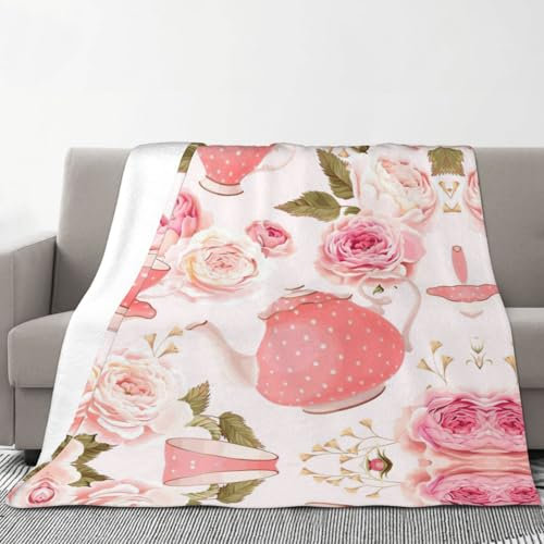 Cobija de franela con diseño romántico de tazas de té con rosas, 70 x 80 pulgadas, acogedora y cálida para sofá, cama, camping