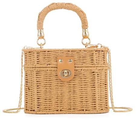 BWBIKE Damen Handgewebte Stroh Umhängetasche - Vintage Rattan Beach Geldbörse, Boho Woven Tote Bag für den Sommer, Crossbody oder Top Handle, Braun