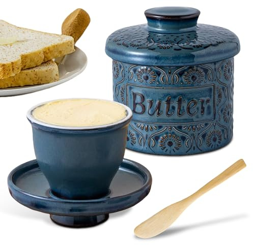 Beurrier français en céramique avec couvercle et couteau à beurre, récipient à beurre refroidi à l'eau, beurrier en porcelaine avec ligne de flottaison au design vintage pour beurre à tartiner (bleu