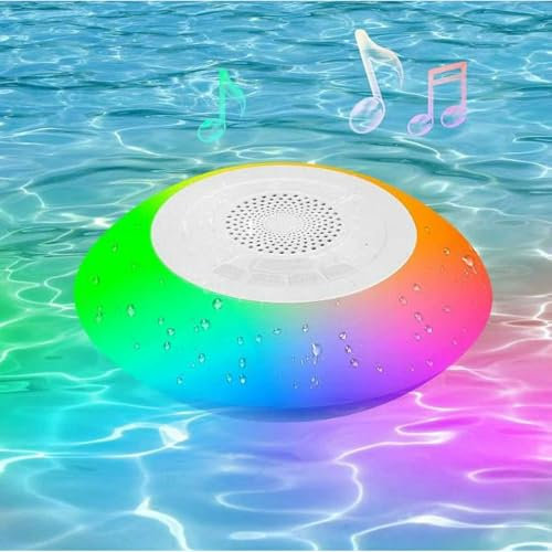 Rubu22a Enceinte de piscine USB, Bluetooth avec lumière, haut-parleur flottant, étanche IP67, son stéréo et couplage stéréo, boîte à musique portable (blanc)