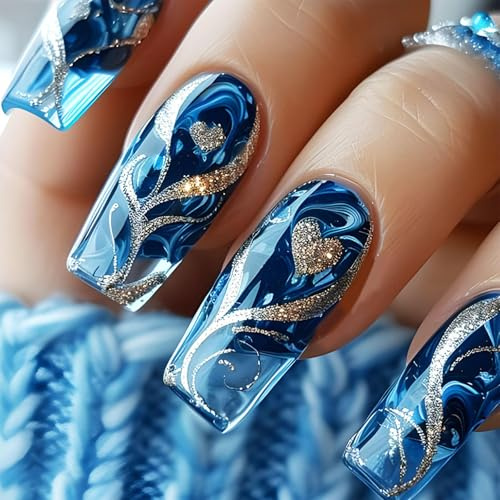 Glimmerstyle Press On Nägel,24 Stück Mittelgroß,Farbverlauf Glitzer,Gyaru Stil,Quadratisch,Liebesherz,Goldmuster,Blaue Kunstnägel,Geeignet Für Halloween Party