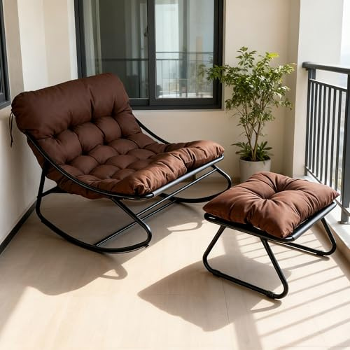HavenGlide Schaukelstuhl für drinnen & draußen mit Kissen, XXL Schaukelsessel mit Hocker, Outdoor Lounge Sessel, Relaxsessel Relaxstuhl bis 150 kg Belastbar für Garten Balkon Wohnzimmer (Braun)