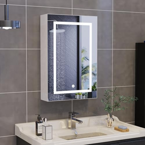 Mobiletto per Bagno con Specchio a LED 50 x 70 cm Mobiletto da Parete Illuminato con dimmer e Interruttore a sensore 3 Temperature di Colore Mensola portaoggetti Soluzione per riporre Gli og