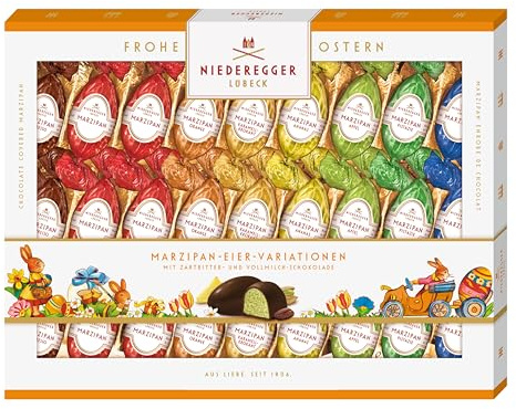 Niederegger | Marzipan Eier | 1x 337g | Sorten Classic, Vollmilch, Orange, Karamell-Krokant, Ananas, Apfel, Espresso & Pistazie | Umhüllt von Zartbitter- und Vollmilch-Schokolade | Ostergeschenk