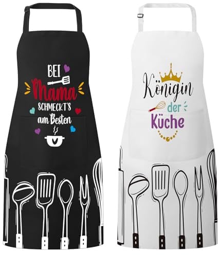 Utensilsto 2 Stück Kochschürze Schürzen Damen Wasserdicht mit 2 Taschen | Verstellbare,Grillschürze,für Kochen Malen Backen Hausarbeiten,Königin der Küche & Bei Mama Schmeckt's am Besten