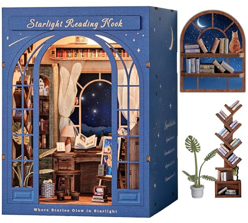 DolphinIsle Book Nook Kits für Erwachsene, DIY Booknook Bücherregal Dekor 3D Holzpuzzle Sternenlicht Leseecke mit funkelndem Sternenhimmel