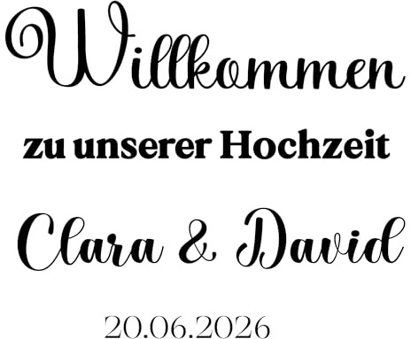 Prakto Hochzeit Aufkleber Personalisiert mit Vorschau – Willkommensschild Schriftzug für Spiegel, Acryl, Holz & Auto – Namen & Datum, 18 Schriftarten, 27 Farben, 12–200 cm – Made in Switzerland