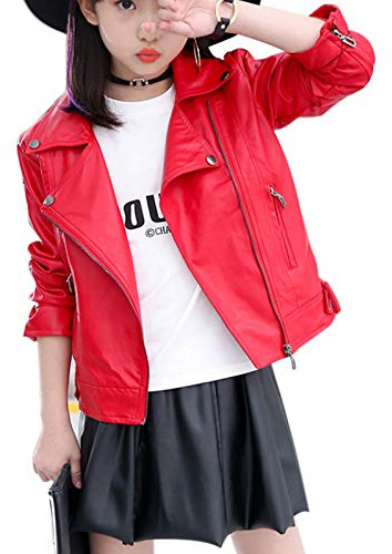 Elife Girls Fashion PU Leather Motorcycle Jacket Children's Outerwear Slim Coat red 9-10Y …