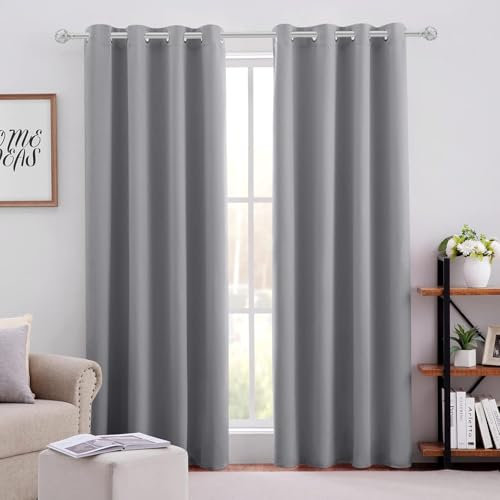 HOMEIDEAS Light Grey Blackout Curtains 2 Panels 52 X 84 Inch Drop Room Darkening Eyelet Curtains for Bedroom Living Room, Thermal Insulated Light Blocking Window Drapes