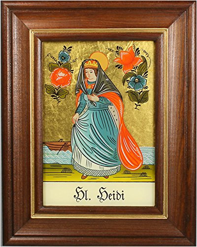 Hinterglaswerkstätten - Hinterglasbild/Patronatsbild Hl. Heidi mit braun gebeizten Holzrahmen, handbemalt mit Legende des Heiligen auf der Bildrückseite, ca. B: 12,5 x H: 16 cm