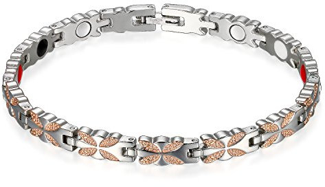 Flongo Damen Magnetarmband, Titan Magnet Therapie Kugel Perle Perlen Armband Armreif Magnetarmband Blatt Blätter Schmetterling Silber Rose Gold Gesundheit Elegant Damen