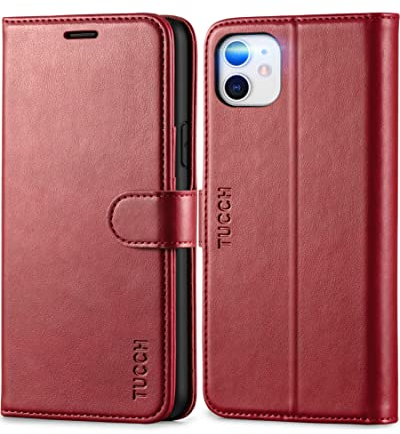 TUCCH Hülle für iPhone 11, Klappbare Handyhülle, RFID-Sperrung Schutzhülle [Schützt vor Stößen] [Magnetverschluss] [Kartenfach] [TPU] Lederhülle Case Cover für iPhone 11 (6,1), Dunkelrot