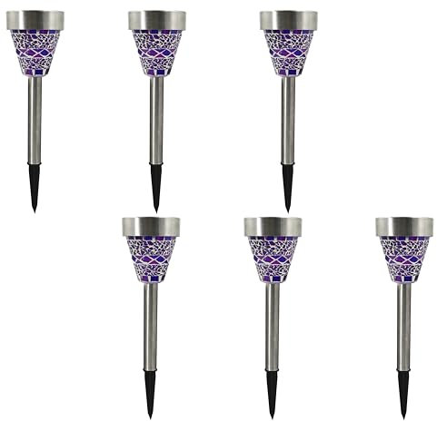 2x 3er Set MOSAIK LED-Solar-Garten-Leuchte-Lampe, Edelstahl, Mosaik-Glas lila, H: 37 cm, D: 7,2cm, Blumentopf-Wege-Party-Dekorations-Stimmungs-Leuchte-Lampe (2 x 3er Set lila)