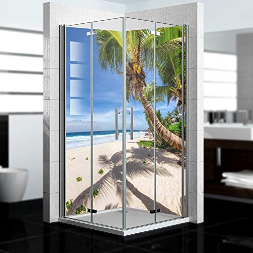 dedeco Eck-Duschrückwand wasserfest mit Strand V1 Motiv - 2 x 90x200 cm, als Badrückwand zum Fliesenersatz, als Dekorwand, Wandverkleidung und Duschplatte aus hochwertigem Aluminium - Made in Germany