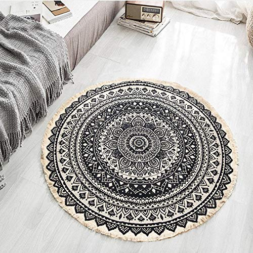 Lanqinglv Teppich Rund 120cm Indische Bohemian Baumwolleteppich Leinen Handgemachte Weben mit Quaste Teppiche Mandala Muster Schwarz Dekorative Wohnzimmer Kinderzimmer Vintage Teppich 120 Runder