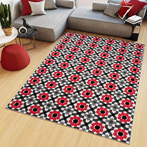 TAPISO Maya Kollektion Teppich Kurzflor Wohnzimmer Modern Rot Grau Weiß Schwarz Floral Mosaik Geometrisch Schlafzimmer Esszimmer ÖKOTEX 220 x 300 cm
