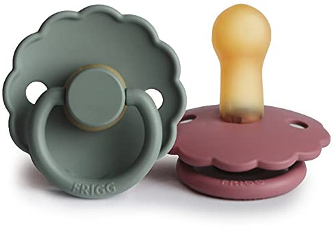 FRIGG Daisy Schnuller 2 Packung | Latex Schnuller |BPA-Frei |Hergestellt in Dänemark | Symmetrischer Sauger in Kirschform (Dusty Rose/Lily Pad, Größe 2 (6-18 Monate))